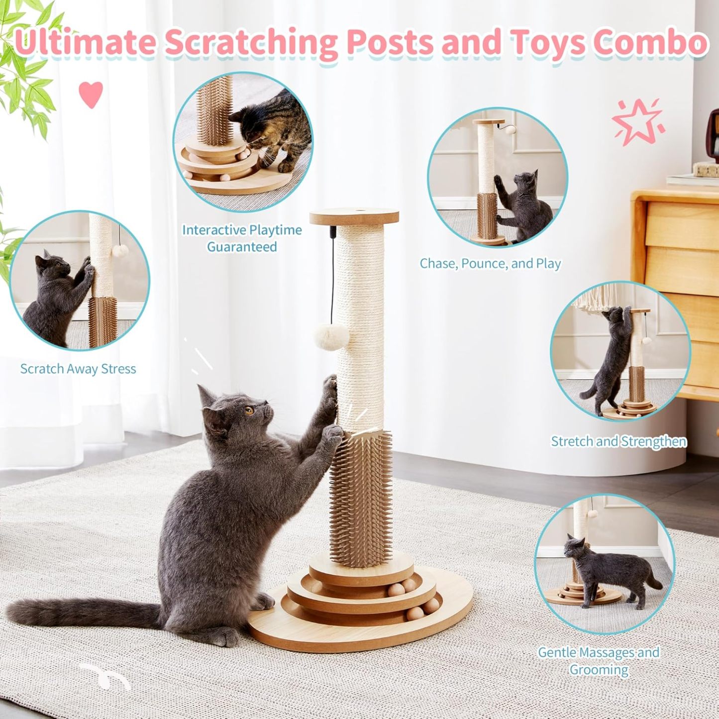 Cat Scratching Post, 23" Tall Sisal Cat Scratcher Post with Cat Self Groomer, 4-in-1 Interactive Trackball Toys with Cat Hair Brush