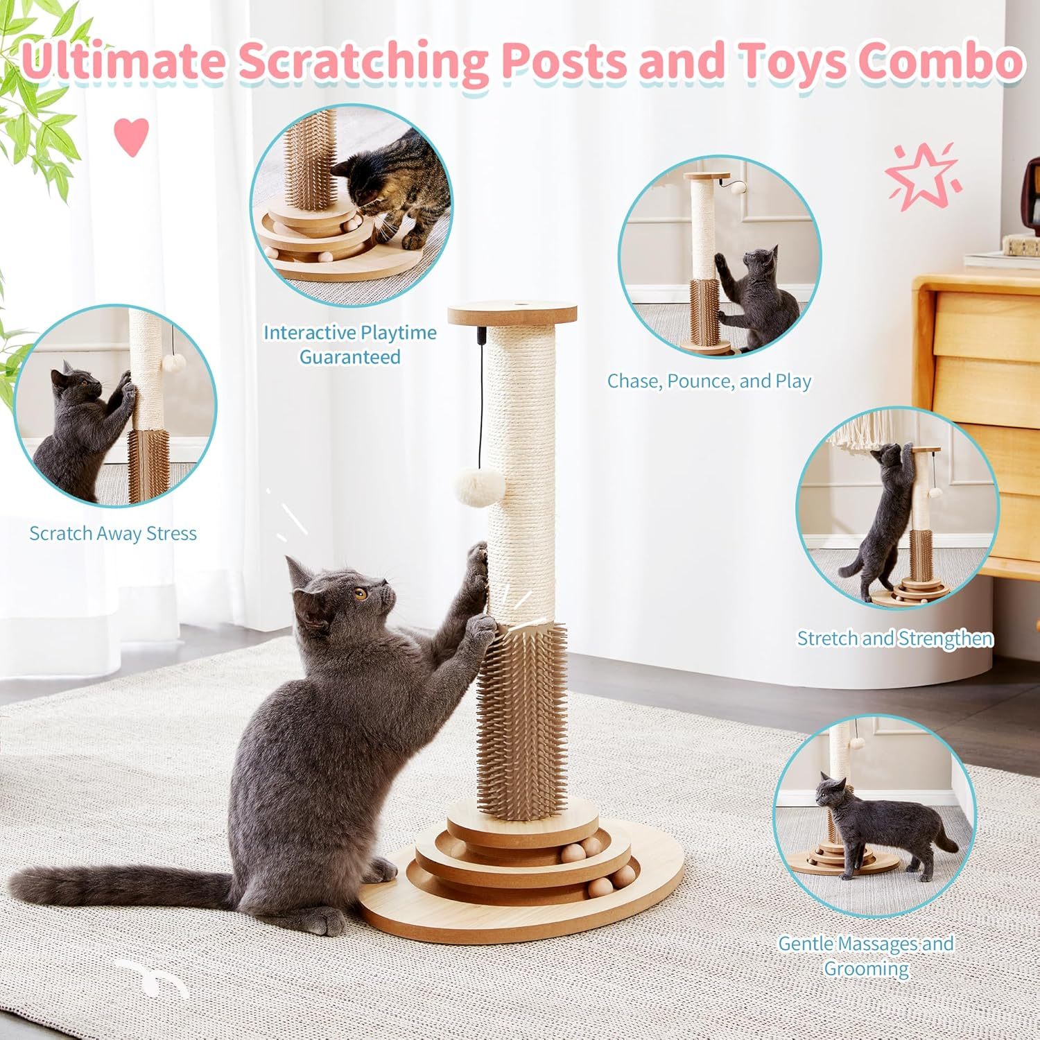 Cat Scratching Post, 23" Tall Sisal Cat Scratcher Post with Cat Self Groomer, 4-in-1 Interactive Trackball Toys with Cat Hair Brush