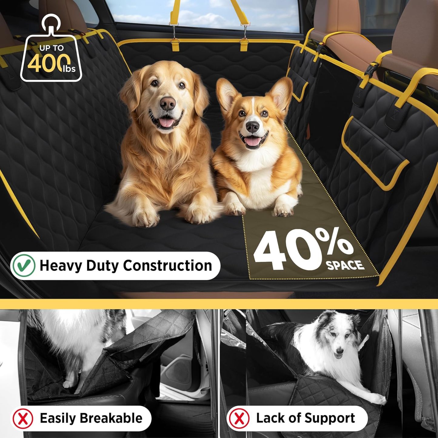 Dog Car Seat Cover for Back Seat with Hard Bottom, Pet Back Seat Extender with Supportive Egg Crate Foam, Waterproof Non-Slip Dog Hammock