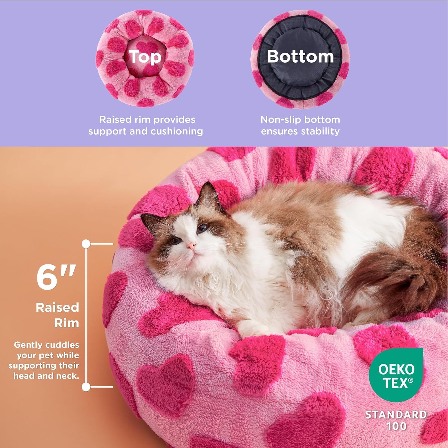 Donut Small Dog Bed - Round Cat Beds for Indoor Cats Anti-Anxiety Calming Pet Beds, Washable Cute Modern Beds with Teddy Sherpa Plush & Anti Slip Bottom, 20 Inch, Heart Pink