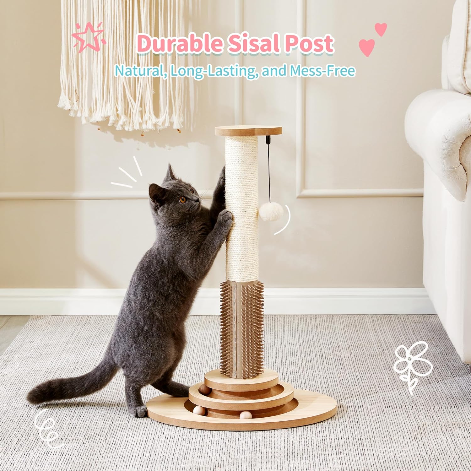 Cat Scratching Post, 23" Tall Sisal Cat Scratcher Post with Cat Self Groomer, 4-in-1 Interactive Trackball Toys with Cat Hair Brush