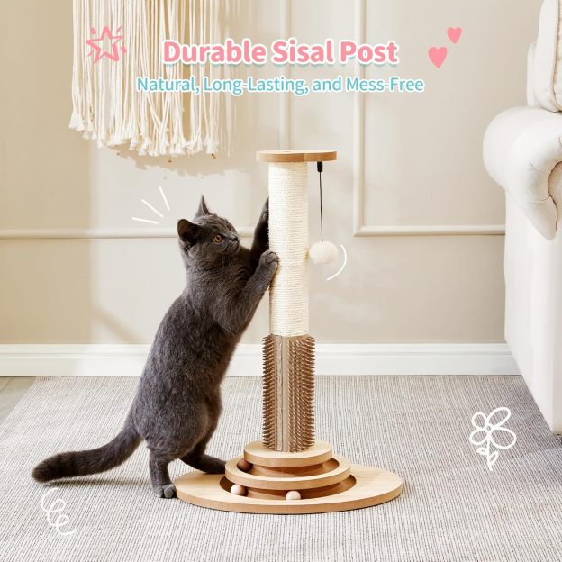 Cat Scratching Post, 23" Tall Sisal Cat Scratcher Post with Cat Self Groomer, 4-in-1 Interactive Trackball Toys with Cat Hair Brush