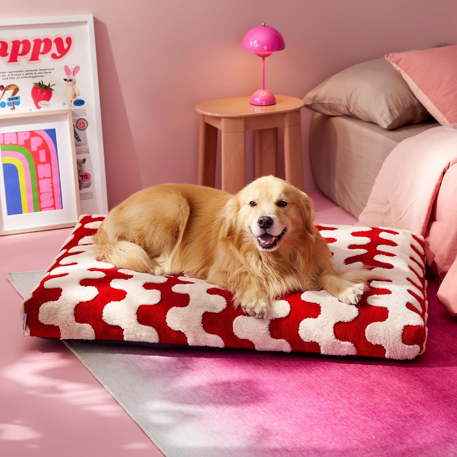 Extra Large Dog Bed-Thick Shredded Chopped Foam Pet Bed, Dog Bed Indoor with Removable Cover, Cute Modern Fuzzy Plush & Anti Slip Bottom(44x32', Red)