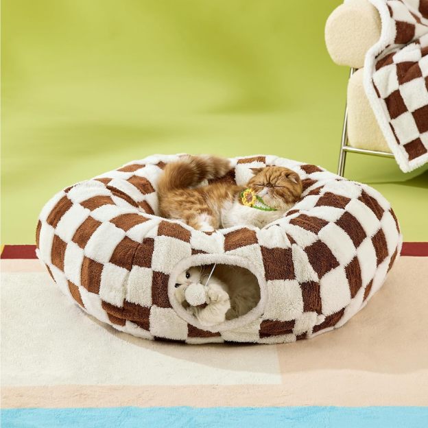 Cat Tunnel Bed for Indoor Cats - Cute Cat Donut Tunnel with Washable Circle Cushion, Round Pet Play Tunnel