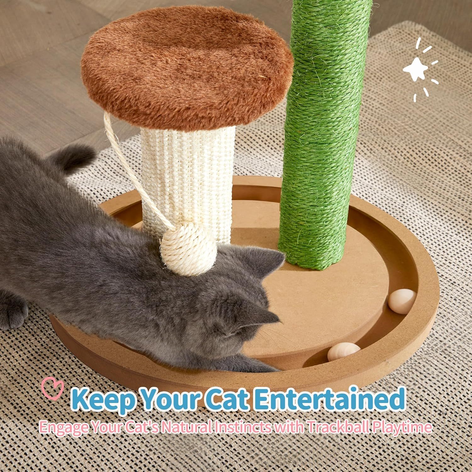 Cat Scratching Post, 21.7" Cactus Kitten Scratcher for Indoor Cats, Mushroom Cute Cat Tree with Sisal Scratch Post