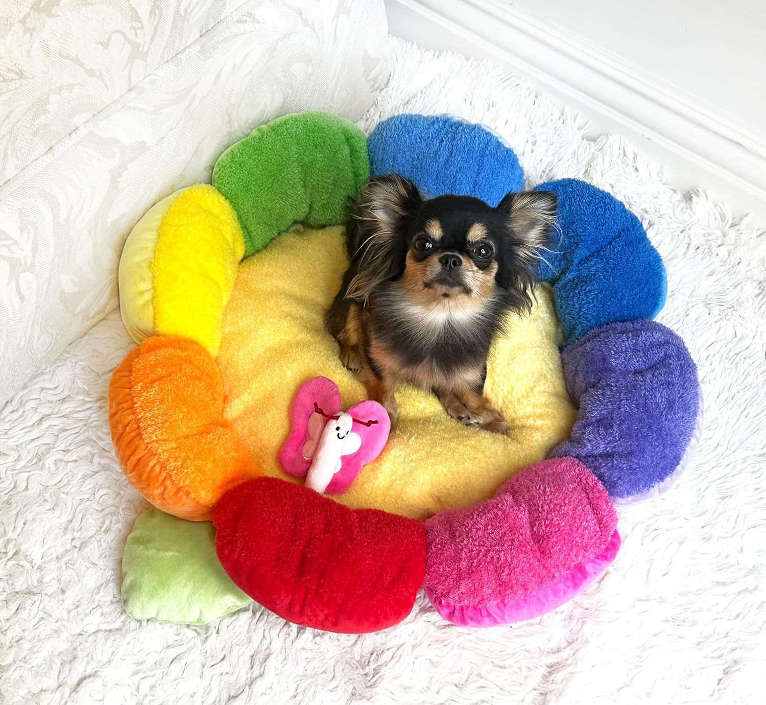 Soft Plush Small Cute and Cozy Nature Dog Cat Bed, Washer and Dryer Friendly (Rainbow Flower)