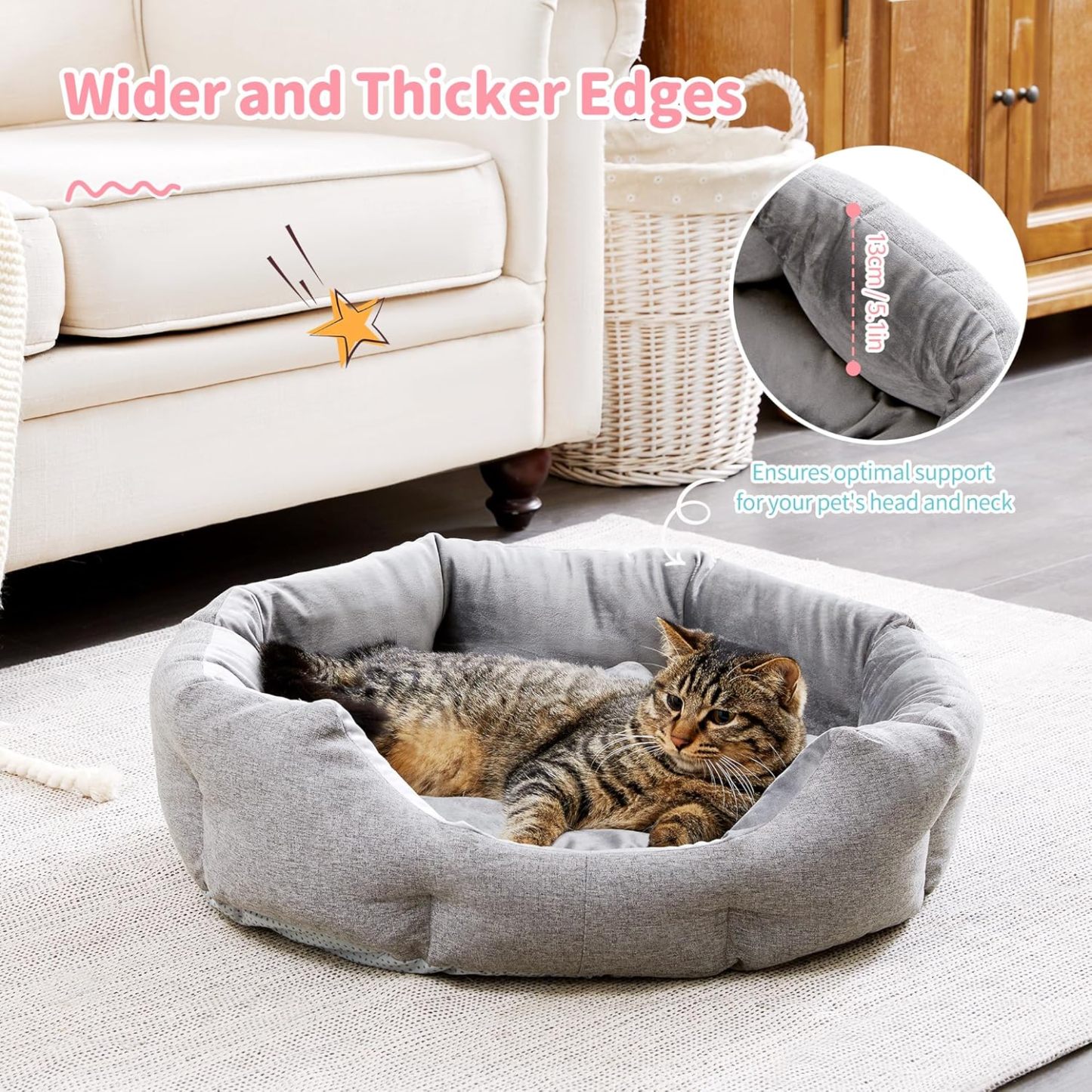 Cat Beds for Indoor Cats - Dog Beds for Small Dogs, Round Pet Bed for Puppy and Kitten, Washable Dog Bed with Anti-Slip Bottom, 22.44"L x 20.47"W x 6.3"Th