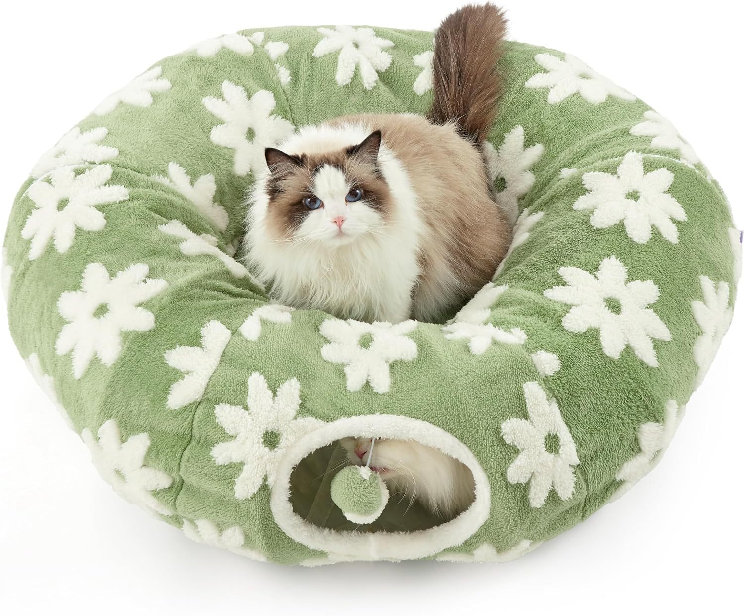 Cat Tunnel Bed for Indoor Cats - Cute Cat Donut Tunnel with Washable Circle Cushion, Round Pet Play Tunnel Toy for Kitten/Puppy/Rabbit,Green