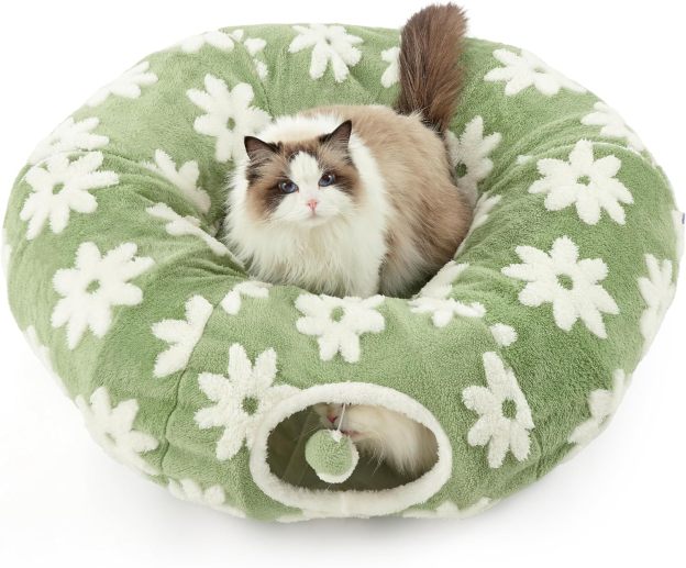 Cat Tunnel Bed for Indoor Cats - Cute Cat Donut Tunnel with Washable Circle Cushion, Round Pet Play Tunnel Toy for Kitten/Puppy/Rabbit,Green