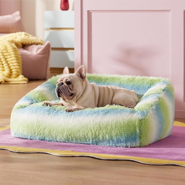 Dog Bed Medium Size - Cute Furry Calming Puppy Beds, Rectangle Washable Indoor Pet Beds with Removable Zipper Cover, 35x25x11inches, Green Stripe