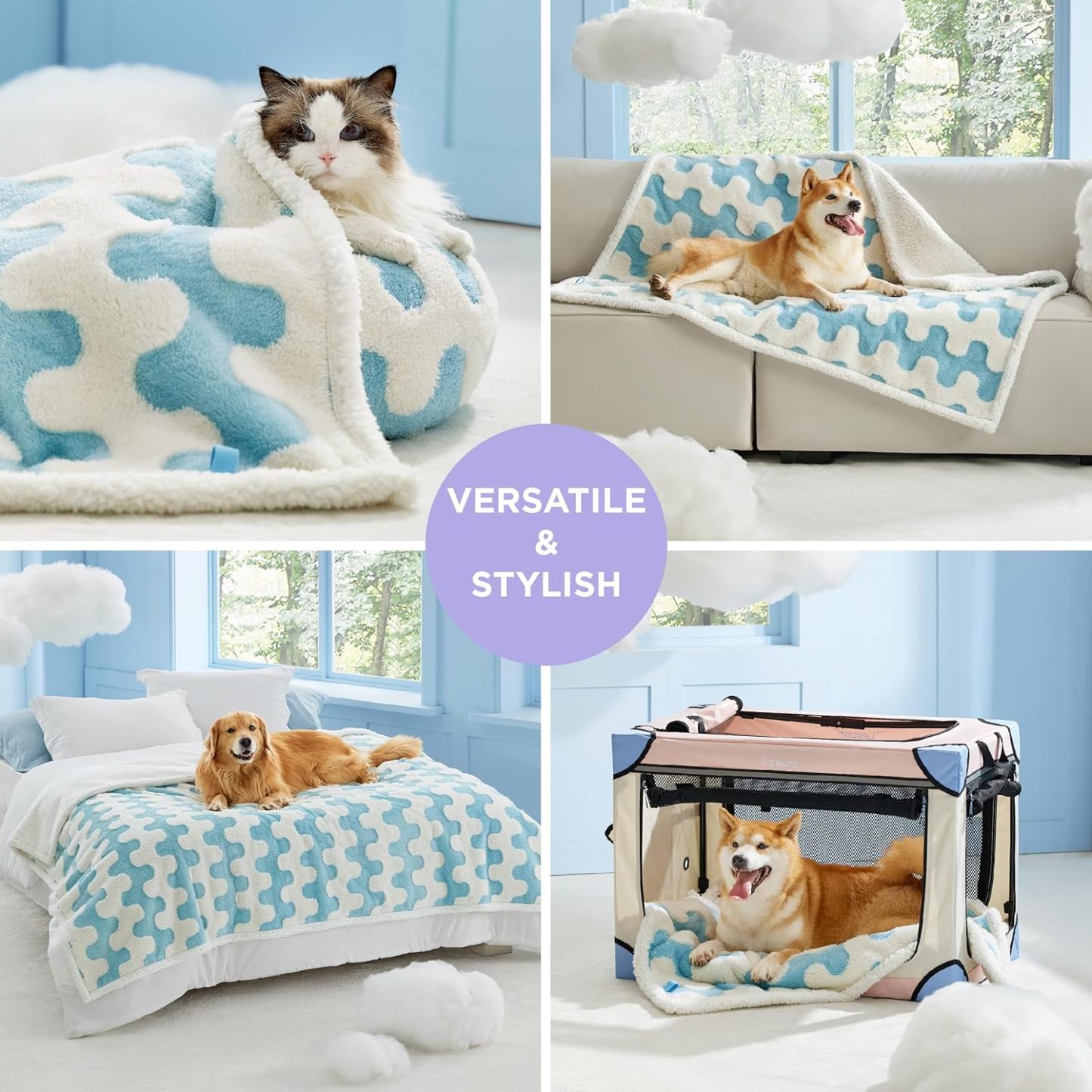 Waterproof Puppy Blanket for Small Dogs - Washable Double Sided Dog Blankets with Warm Jacquard Shag and Soft Sherpa Fleece