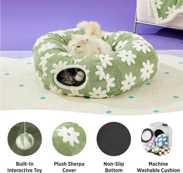 Cat Tunnel Bed for Indoor Cats - Cute Cat Donut Tunnel with Washable Circle Cushion, Round Pet Play Tunnel Toy for Kitten/Puppy/Rabbit,Green