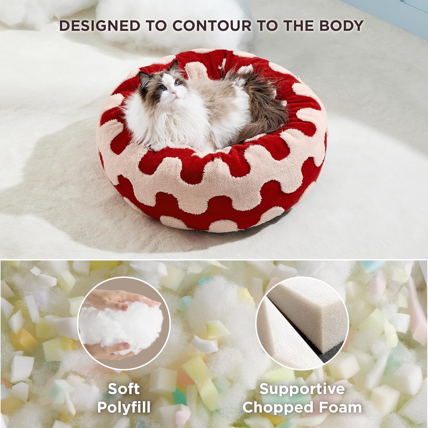 Donut Small Dog Bed - Round Cat Beds for Indoor Cats Anti-Anxiety Calming Pet Beds, Washable Cute Modern Beds with Teddy Sherpa Plush & Anti Slip Bottom Red
