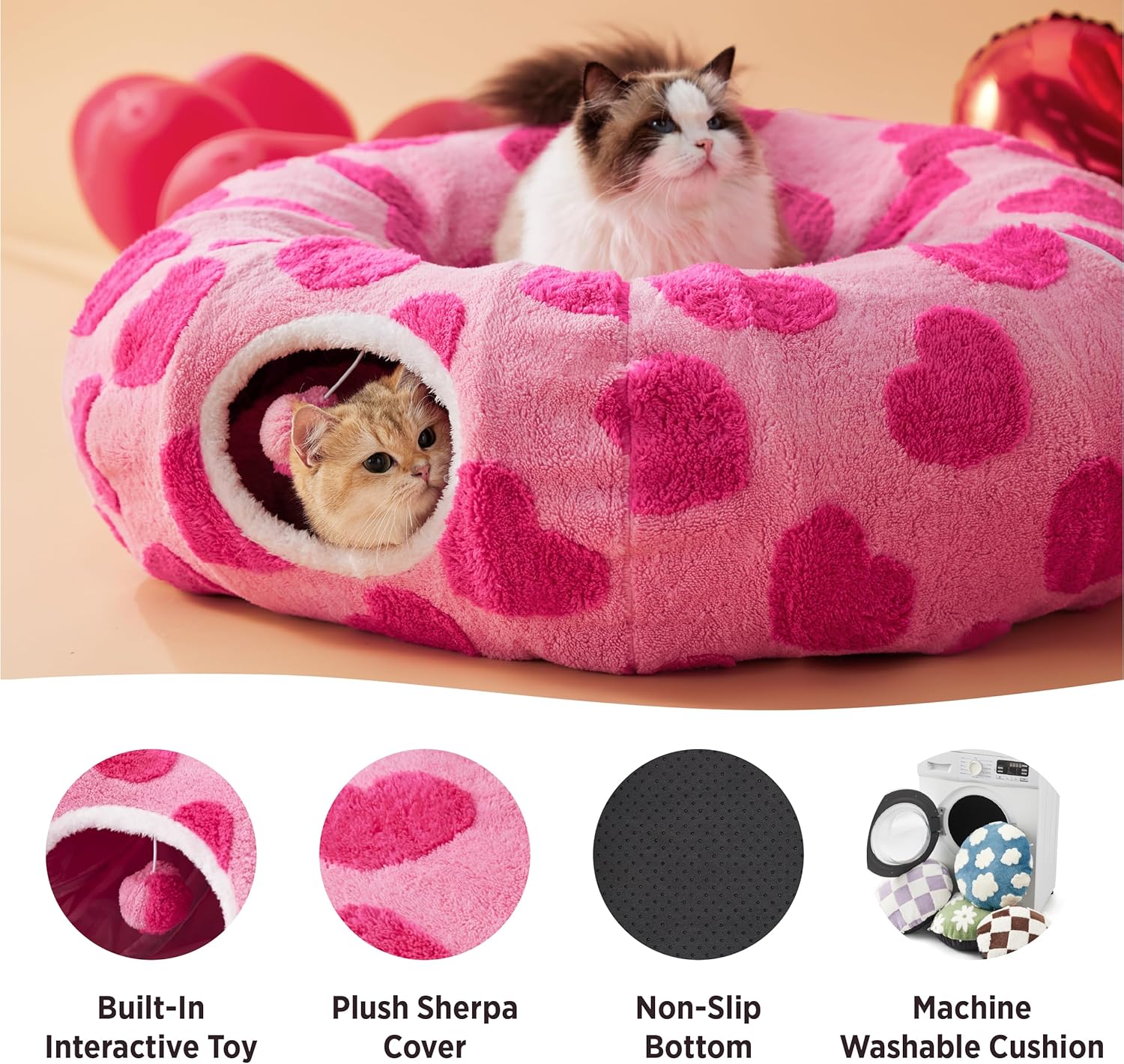 Cat Tunnel Bed for Indoor Cats - Cute Cat Donut Tunnel with Washable Circle Cushion, Round Pet Play Tunnel Toy for Kitten/Puppy/Rabbit, Pink Hearts