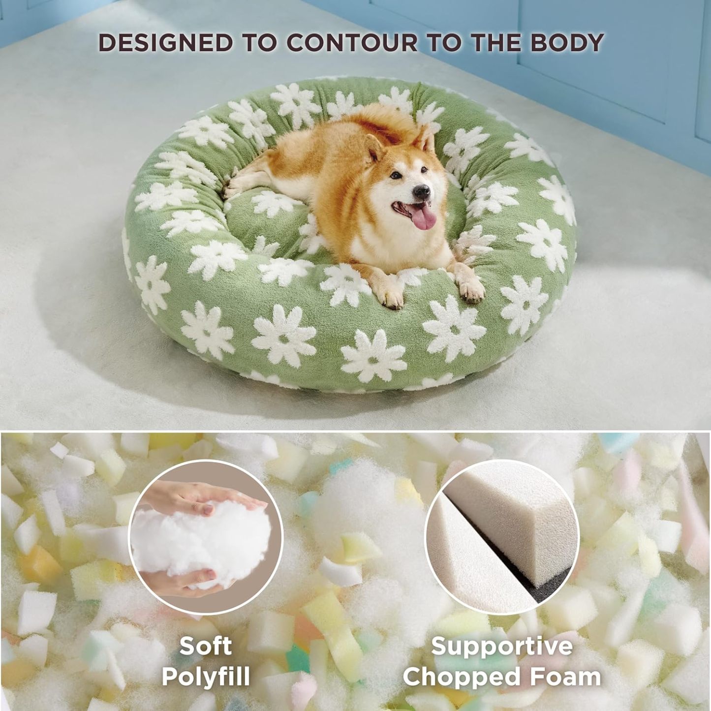 Donut Large Dog Bed - Round Cat Beds for Indoor Cats Anti-Anxiety Calming Pet Beds, Washable Cute Modern Beds with Teddy Sherpa Plush & Anti Slip Bottom Green