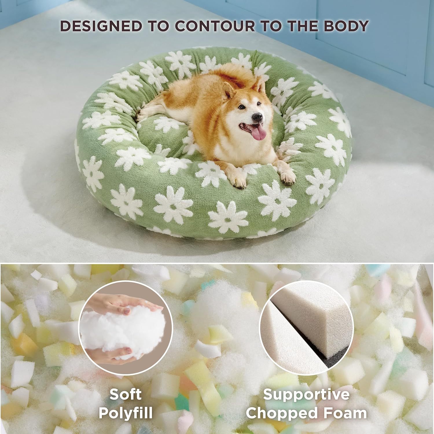 Donut Large Dog Bed - Round Cat Beds for Indoor Cats Anti-Anxiety Calming Pet Beds, Washable Cute Modern Beds with Teddy Sherpa Plush & Anti Slip Bottom Green