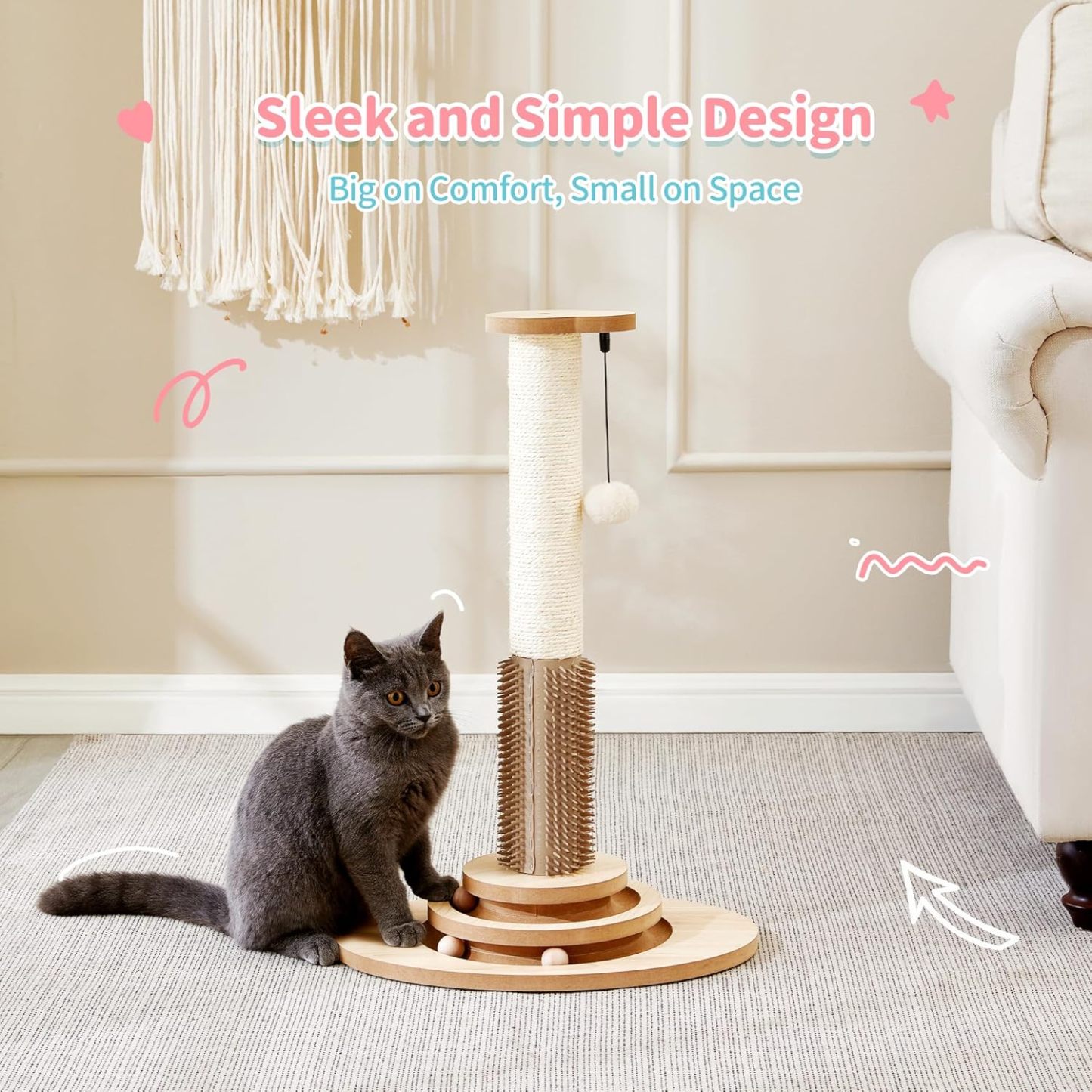 Cat Scratching Post, 23" Tall Sisal Cat Scratcher Post with Cat Self Groomer, 4-in-1 Interactive Trackball Toys with Cat Hair Brush