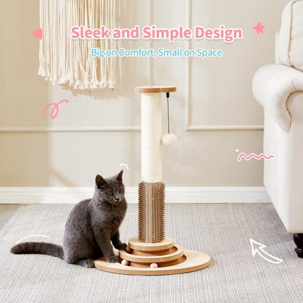 Cat Scratching Post, 23" Tall Sisal Cat Scratcher Post with Cat Self Groomer, 4-in-1 Interactive Trackball Toys with Cat Hair Brush