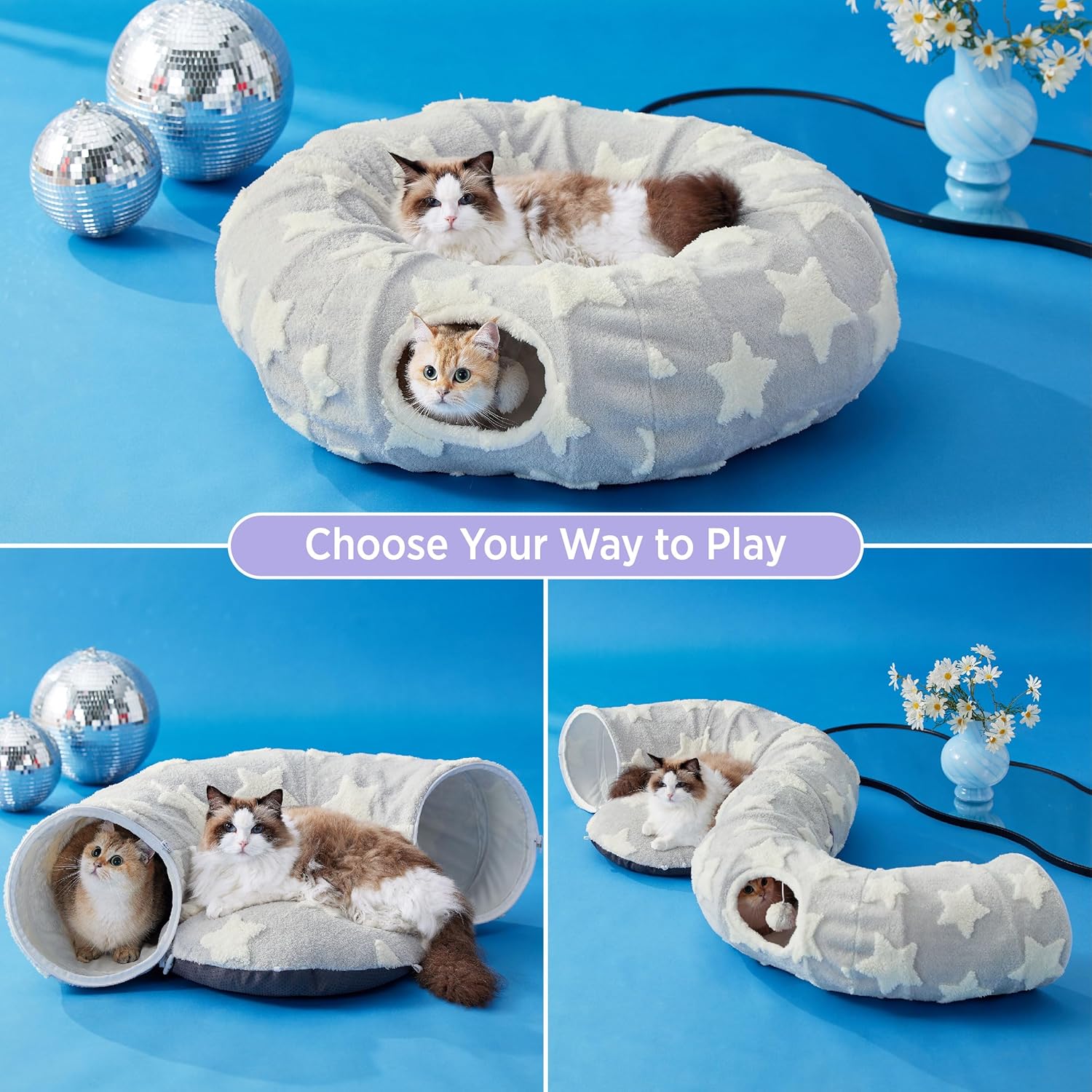 Cat Tunnel Bed for Indoor Cats - Cute Cat Donut Tunnel with Washable Circle Cushion, Round Pet Play Tunnel Toy for Kitten/Puppy/Rabbit, Grey