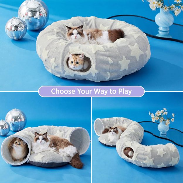 Cat Tunnel Bed for Indoor Cats - Cute Cat Donut Tunnel with Washable Circle Cushion, Round Pet Play Tunnel Toy for Kitten/Puppy/Rabbit, Grey