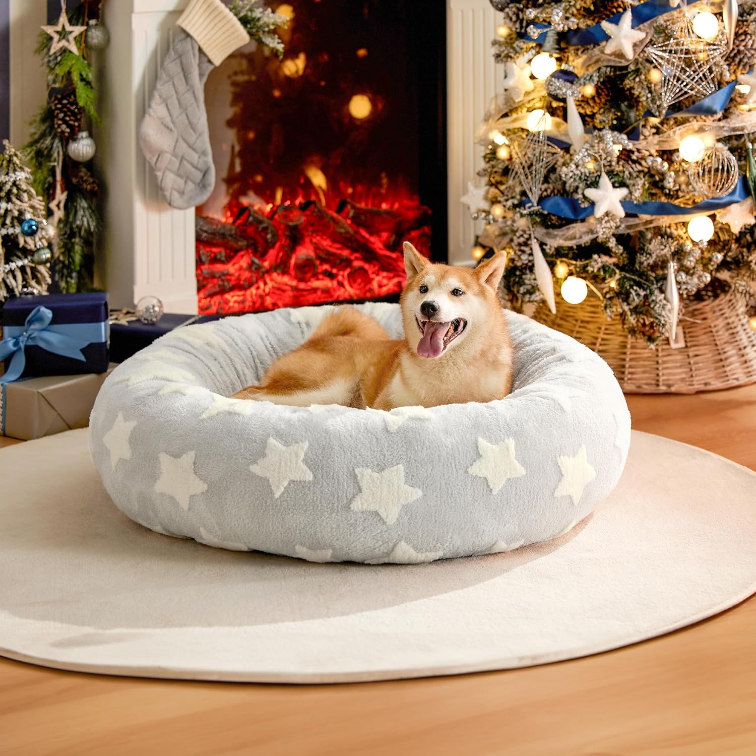 Donut Small Dog Bed - Round Cat Beds for Indoor Cats Anti-Anxiety Calming Pet Beds, Washable Cute Modern Beds with Teddy Sherpa Plush & Anti Slip Bottom, 36 Inch, Galaxy Grey