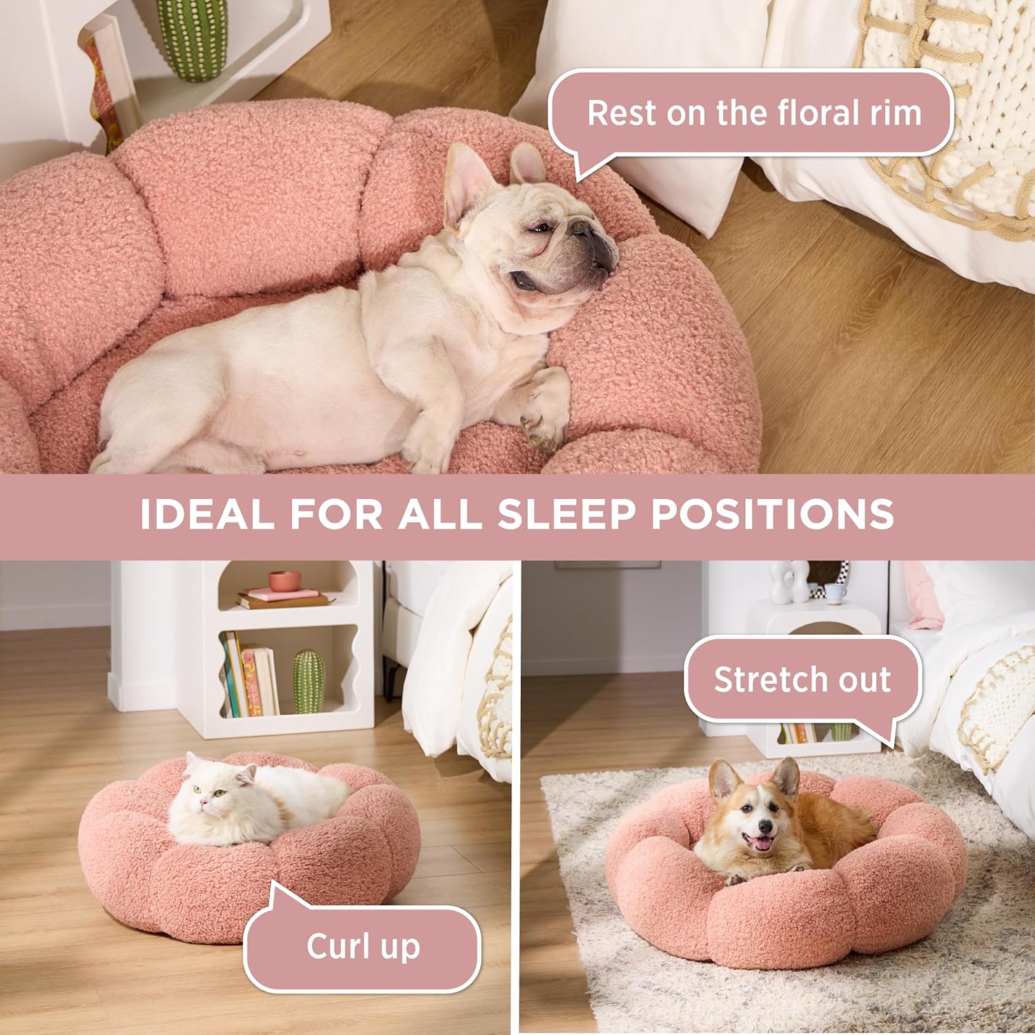 Calming Cat Beds for Indoor Cats - Cute Flower Pet Beds in Teddy Sherpa Plush, Donut Round Fluffy Puppy Bed, Non-Slip Extra Small Dog Bed Fits up to 15 lbs, Machine Washable, Pink 20"