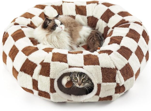 Cat Tunnel Bed for Indoor Cats - Cute Cat Donut Tunnel with Washable Circle Cushion, Round Pet Play Tunnel