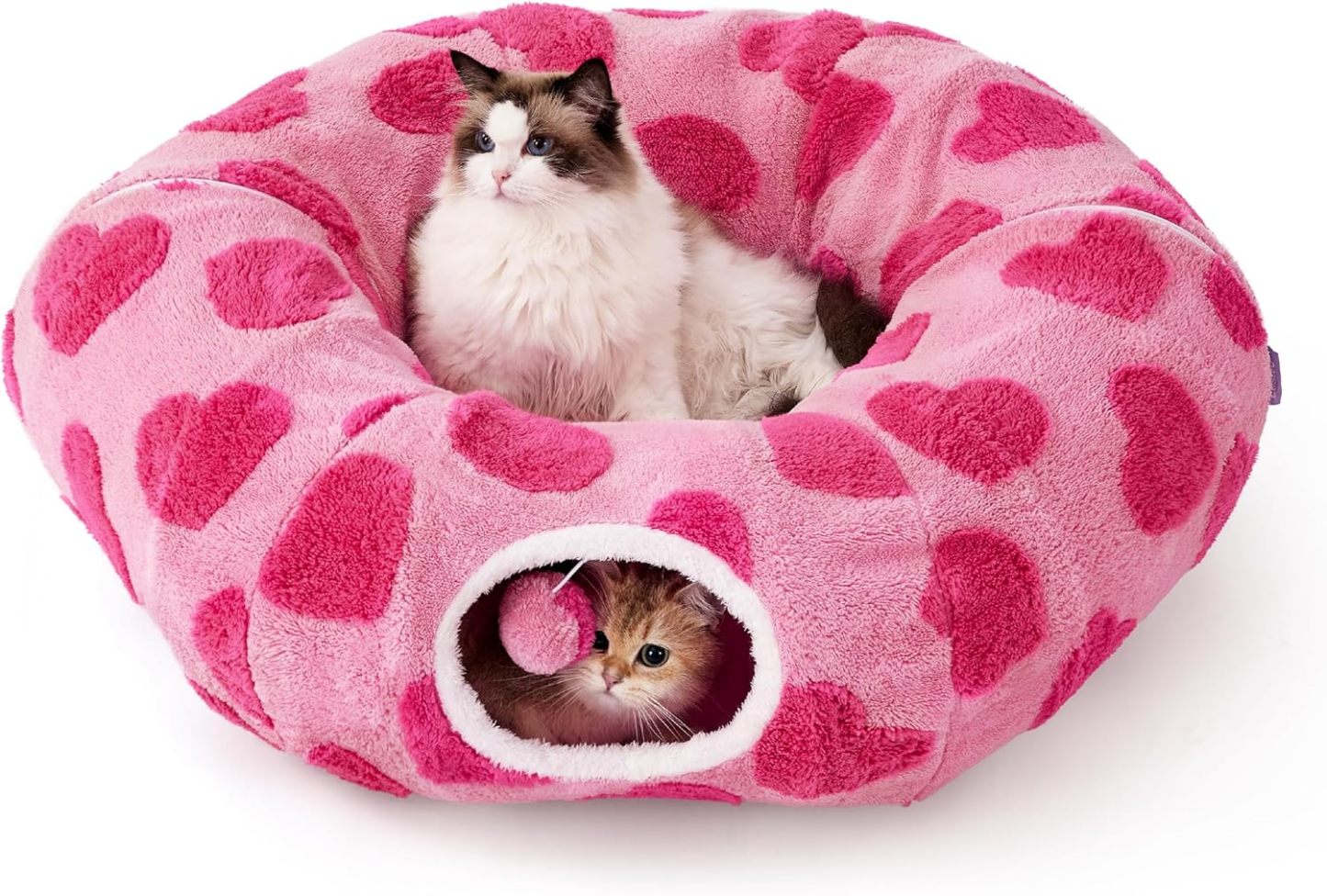 Cat Tunnel Bed for Indoor Cats - Cute Cat Donut Tunnel with Washable Circle Cushion, Round Pet Play Tunnel Toy for Kitten/Puppy/Rabbit, Pink Hearts