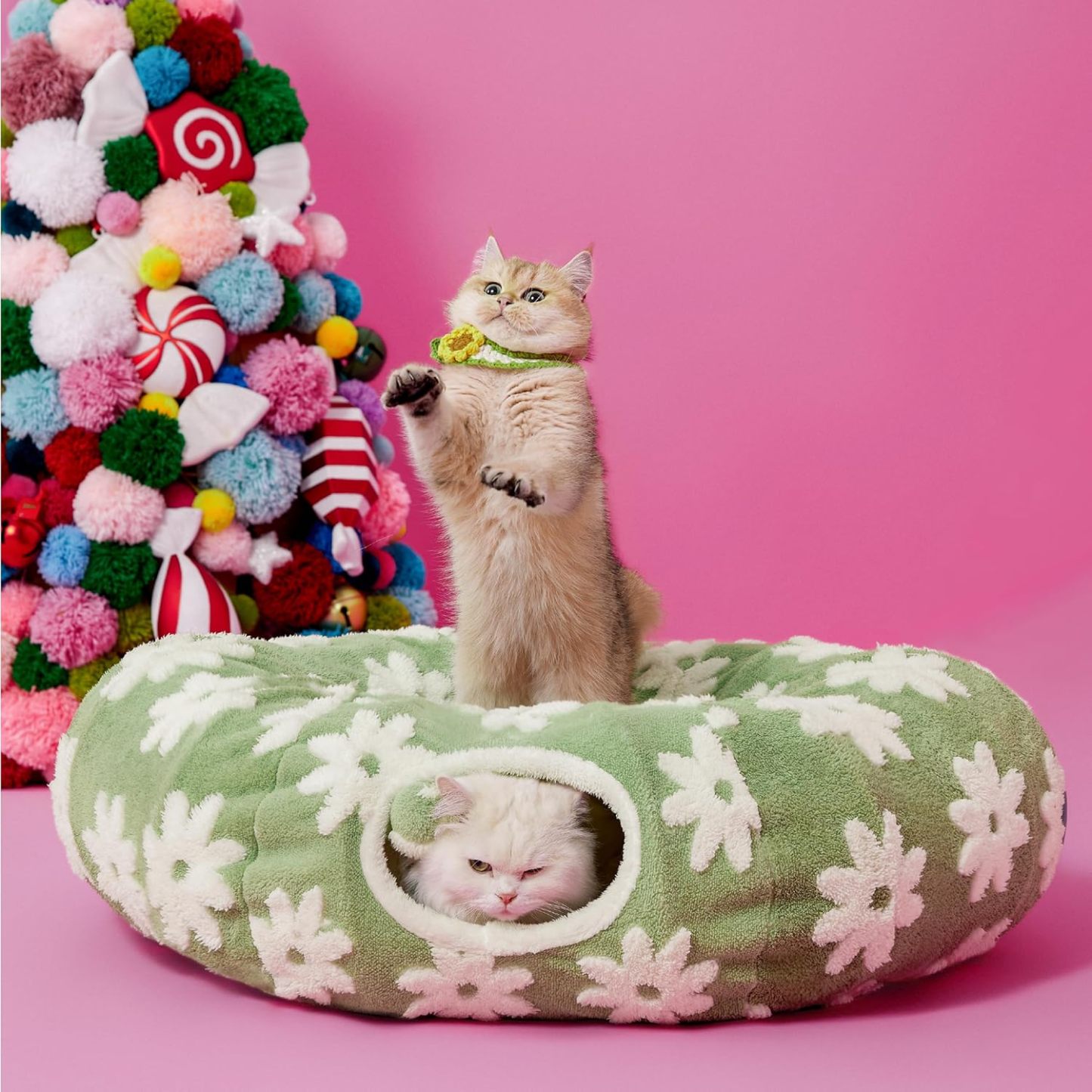 Cat Tunnel Bed for Indoor Cats - Cute Cat Donut Tunnel with Washable Circle Cushion, Round Pet Play Tunnel Toy for Kitten/Puppy/Rabbit,Green