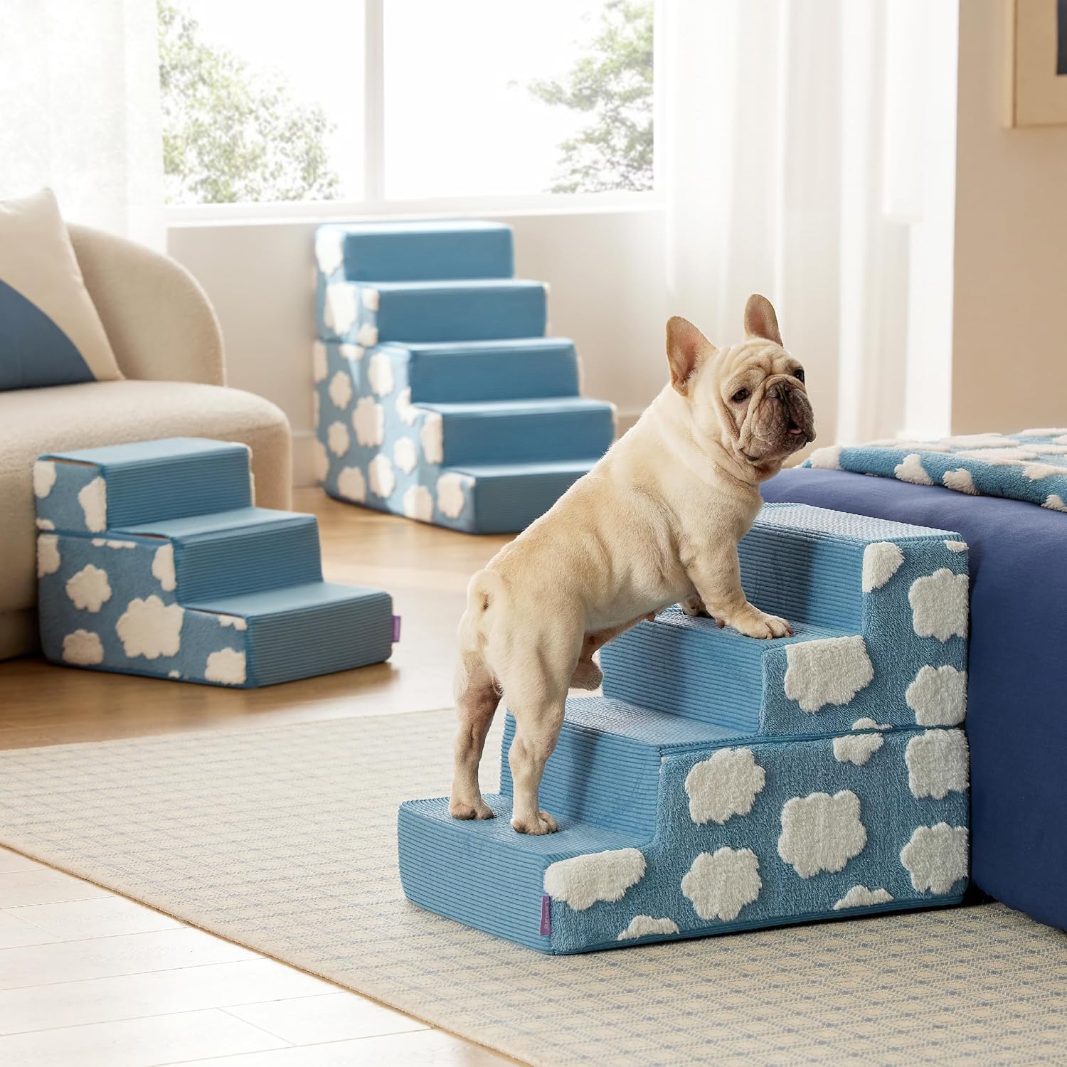 Dog Stairs for Small Dogs 18"H 4-Step Dog Steps for High Bed Couch and Sofa Chairs Foldable Foam Pet Stairs Jacquard Shaggy Plush