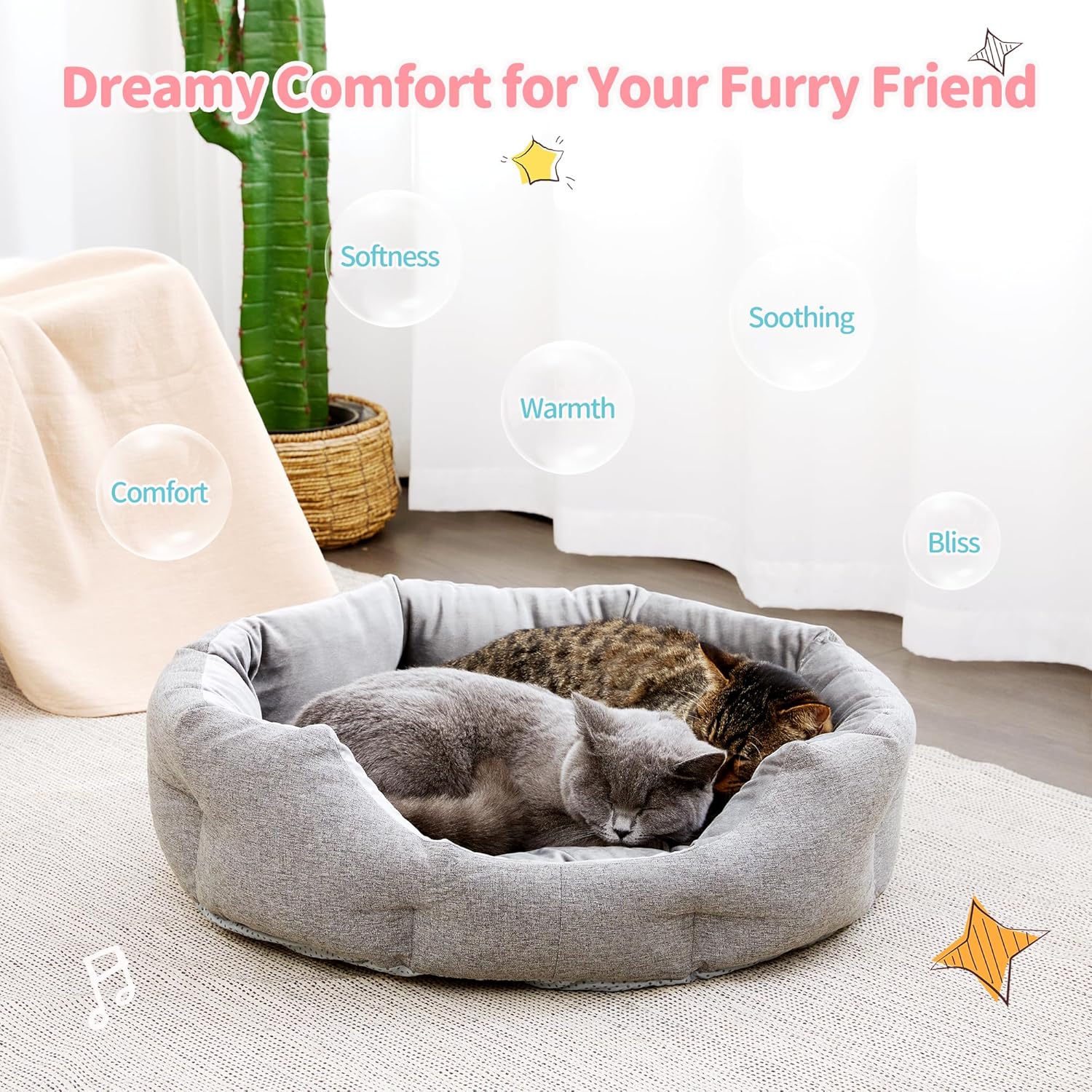 Cat Beds for Indoor Cats - Dog Beds for Small Dogs, Round Pet Bed for Puppy and Kitten, Washable Dog Bed with Anti-Slip Bottom, 22.44"L x 20.47"W x 6.3"Th