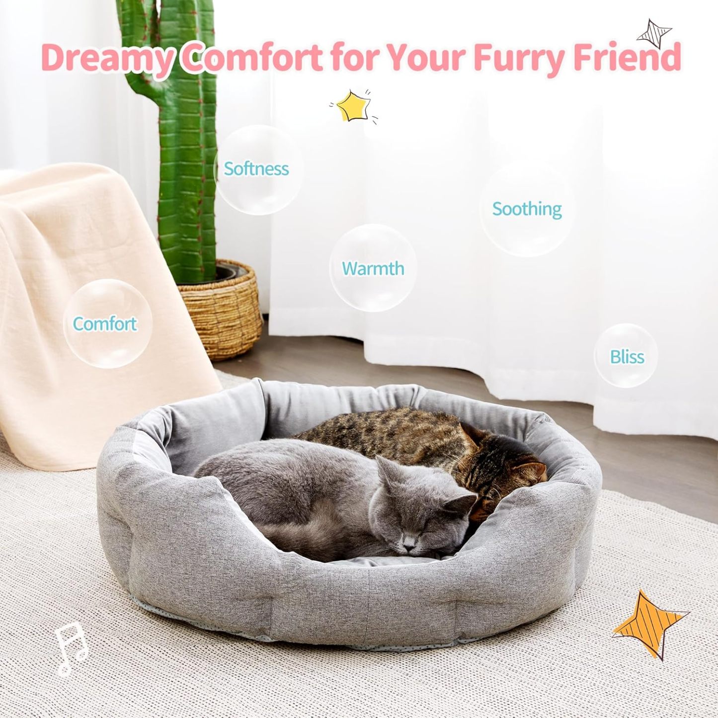 Cat Beds for Indoor Cats - Dog Beds for Small Dogs, Round Pet Bed for Puppy and Kitten, Washable Dog Bed with Anti-Slip Bottom, 22.44"L x 20.47"W x 6.3"Th