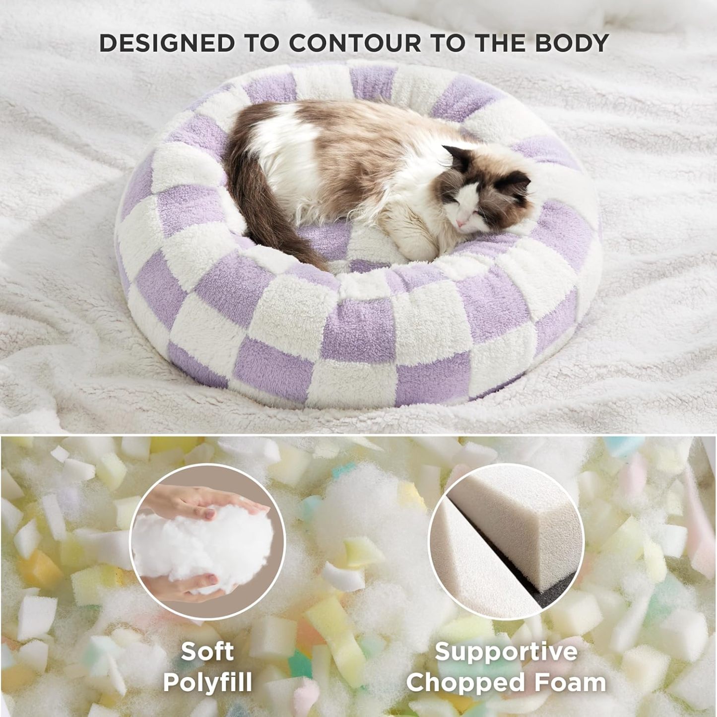 Cat Beds for Indoor Cats - Round Cat Bed Donut Small Dog Bed Calming Pet Beds, Cute Modern Beds with Jacquard Shaggy Plush & Anti Slip Bottom, 20 Inch, Purple