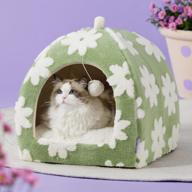 Cute Cat Beds for Indoor Cats - 2 in 1 Cat Cave Bed for Large Cats, Cat House with Removable Washable Cushioned Pillow