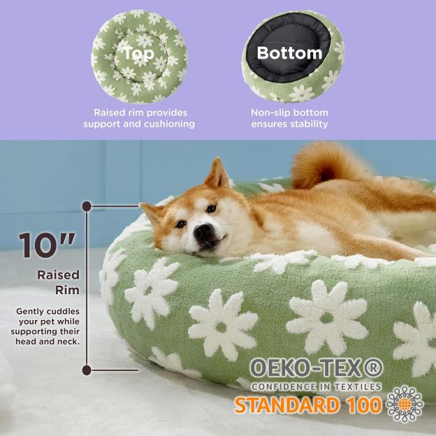 Donut Large Dog Bed - Round Cat Beds for Indoor Cats Anti-Anxiety Calming Pet Beds, Washable Cute Modern Beds with Teddy Sherpa Plush & Anti Slip Bottom Green