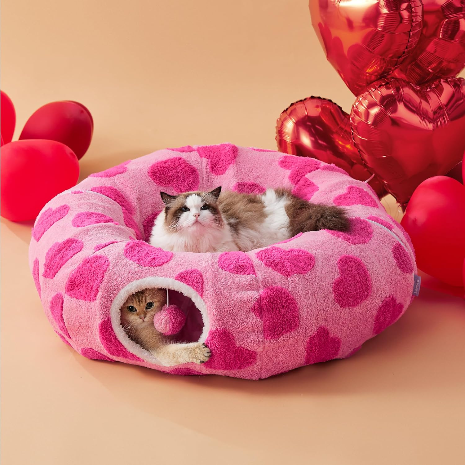 Cat Tunnel Bed for Indoor Cats - Cute Cat Donut Tunnel with Washable Circle Cushion, Round Pet Play Tunnel Toy for Kitten/Puppy/Rabbit, Pink Hearts