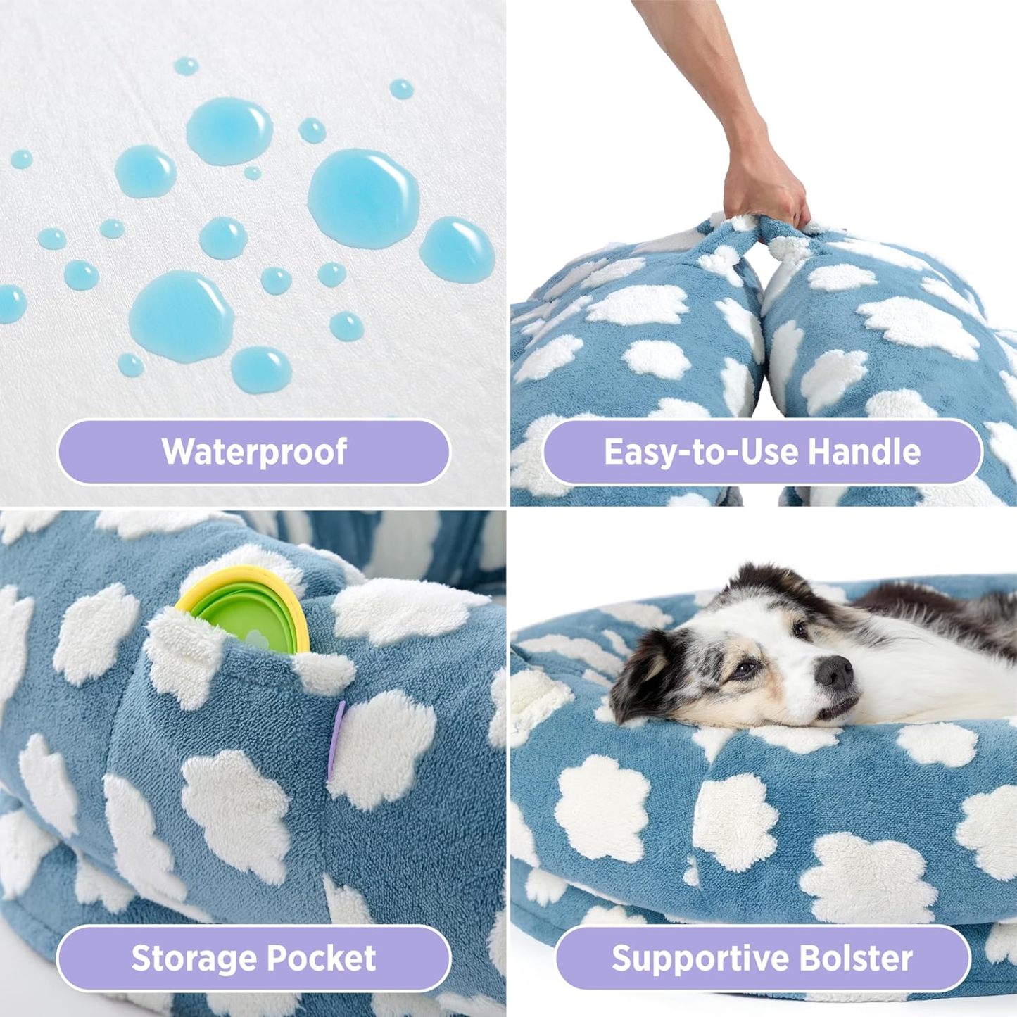Human Dog Bed for Adult - Calming Human Size Dog Bed with Egg Foam Supportive Mat and Storage Pocket, Cute Modern Pet Beds with Jacquard Shaggy Plush & Anti Slip Bottom 68x44x12, Blue