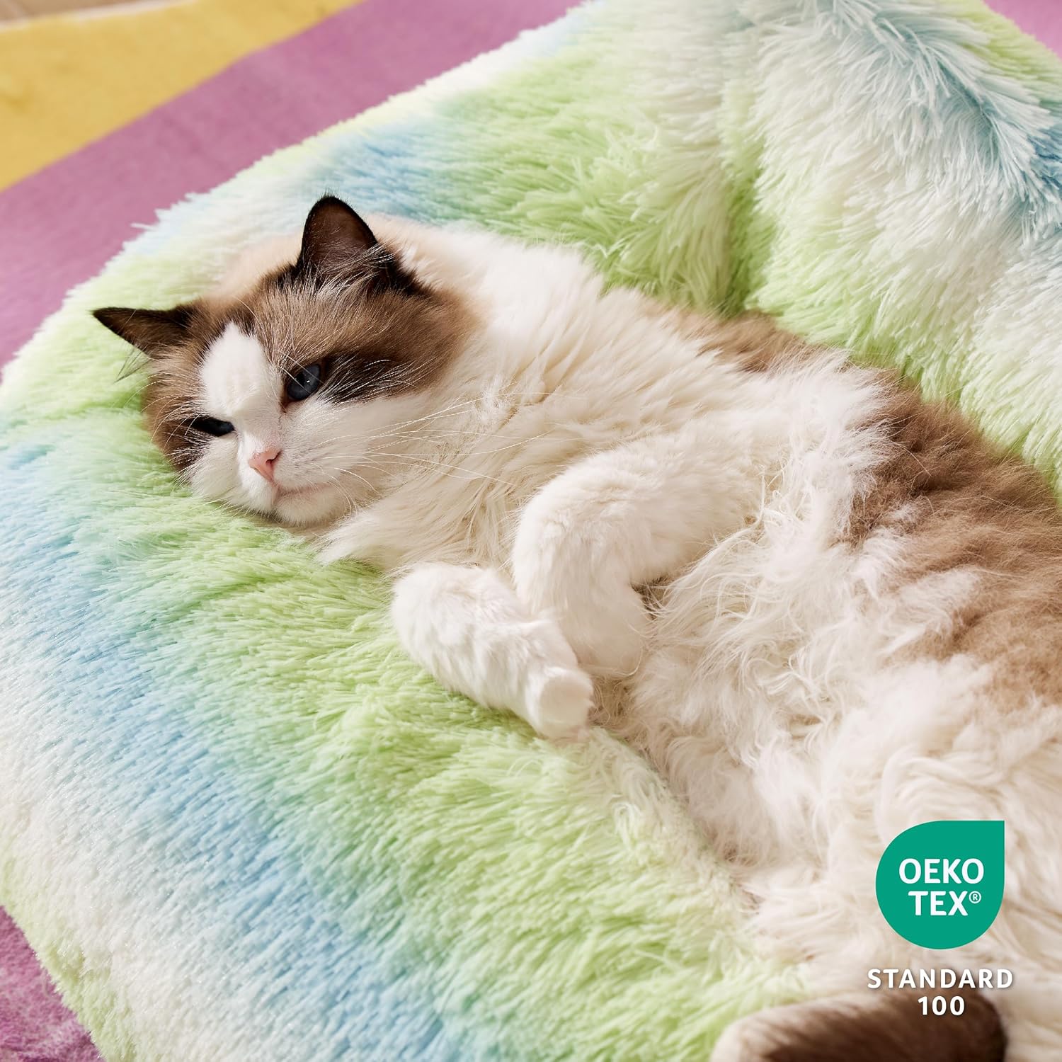 Dog Bed Medium Size - Cute Furry Calming Puppy Beds, Rectangle Washable Indoor Pet Beds with Removable Zipper Cover, 35x25x11inches, Green Stripe