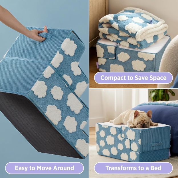 Dog Stairs for Small Dogs 18"H 4-Step Dog Steps for High Bed Couch and Sofa Chairs Foldable Foam Pet Stairs Jacquard Shaggy Plush