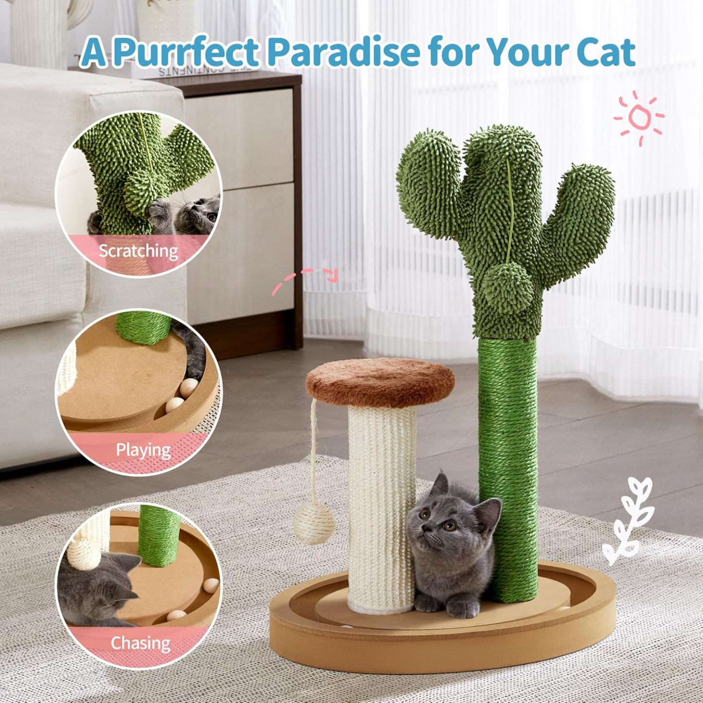 Cat Scratching Post, 21.7" Cactus Kitten Scratcher for Indoor Cats, Mushroom Cute Cat Tree with Sisal Scratch Post