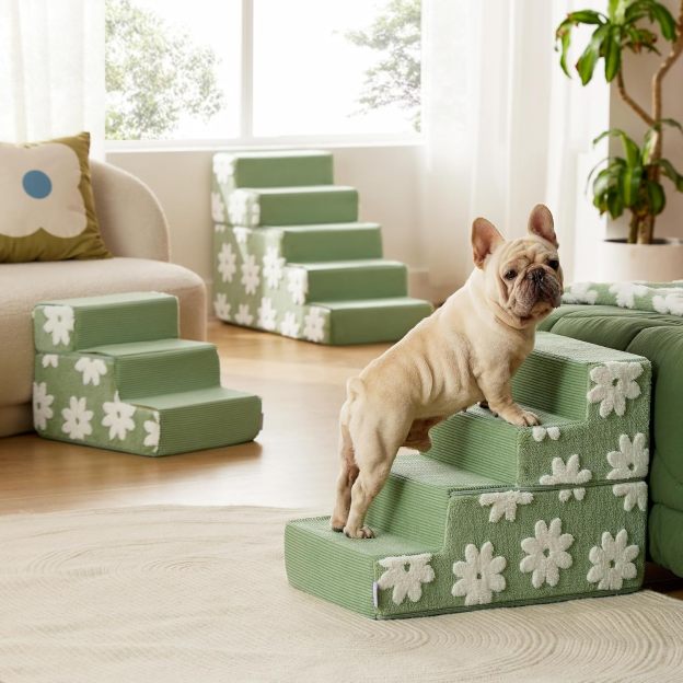 Dog Stairs for High Bed 22.5" H 5-Step Dog Steps for Couch Sofa and Chairs Foldable Foam Pet Stairs Jacquard Shaggy Plush for Small Dogs