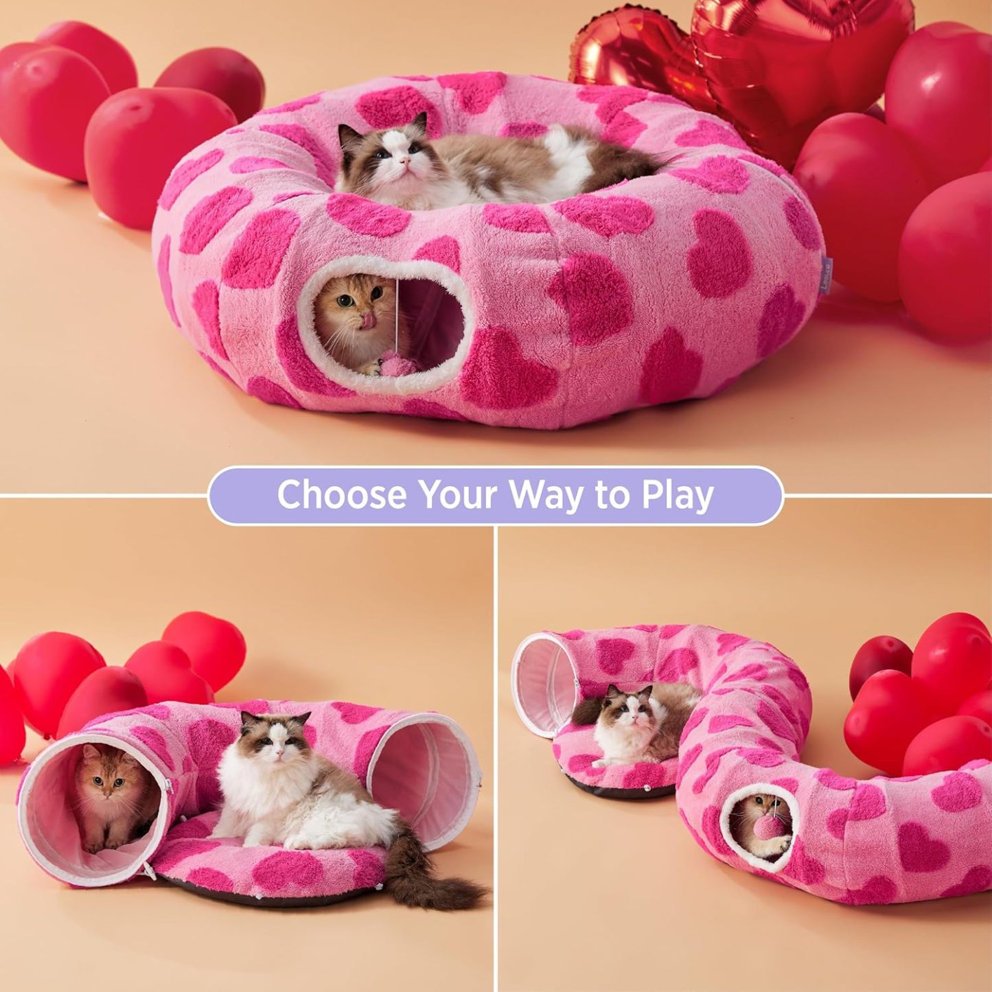 Cat Tunnel Bed for Indoor Cats - Cute Cat Donut Tunnel with Washable Circle Cushion, Round Pet Play Tunnel Toy for Kitten/Puppy/Rabbit, Pink Hearts