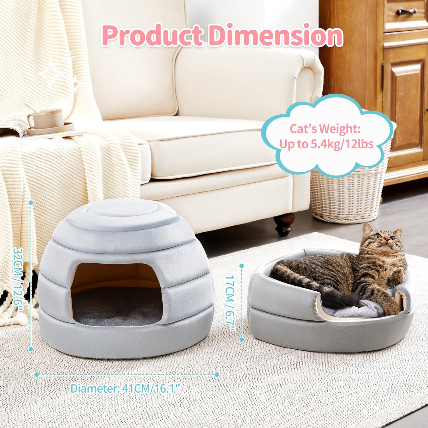 Cat Bed and House, 2-in-1 Foldable Cat Houses for Indoor Cats, Soft Velvet Cat Cave, Removable and Washable Cushion