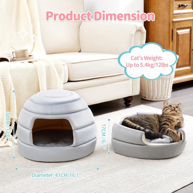 Cat Bed and House, 2-in-1 Foldable Cat Houses for Indoor Cats, Soft Velvet Cat Cave, Removable and Washable Cushion