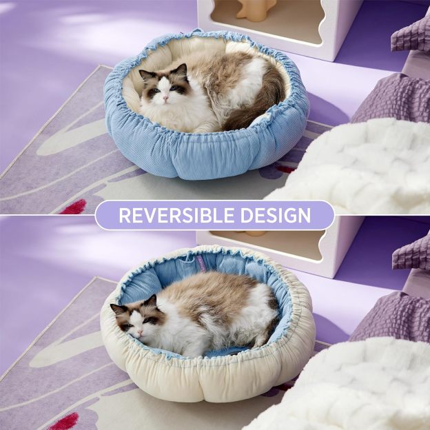 Cat Beds for Indoor Cats - Washable Cute Cat Beds with Versatile Dual-Use Design, Reversible Donut Pet Bed for Puppy and Kitten, 21x21x7 Inches