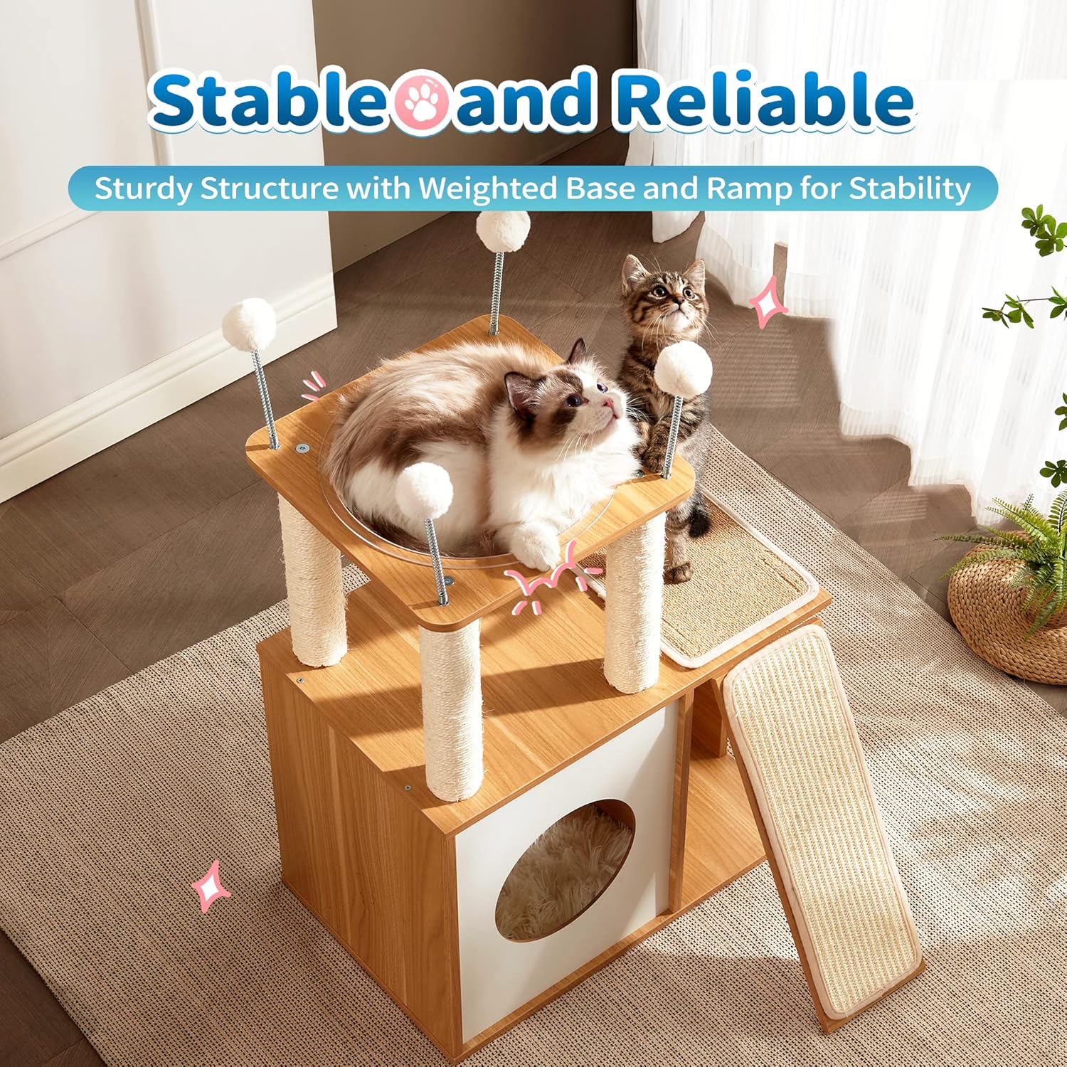 Cat Tree for Indoor Cats, Modern Cat Tower Tall for Large Cats Kitten, Wood Kitty Condo Climbing Furniture Heavy Duty, Vesper Cute Castle with Scratching Post and Ramp