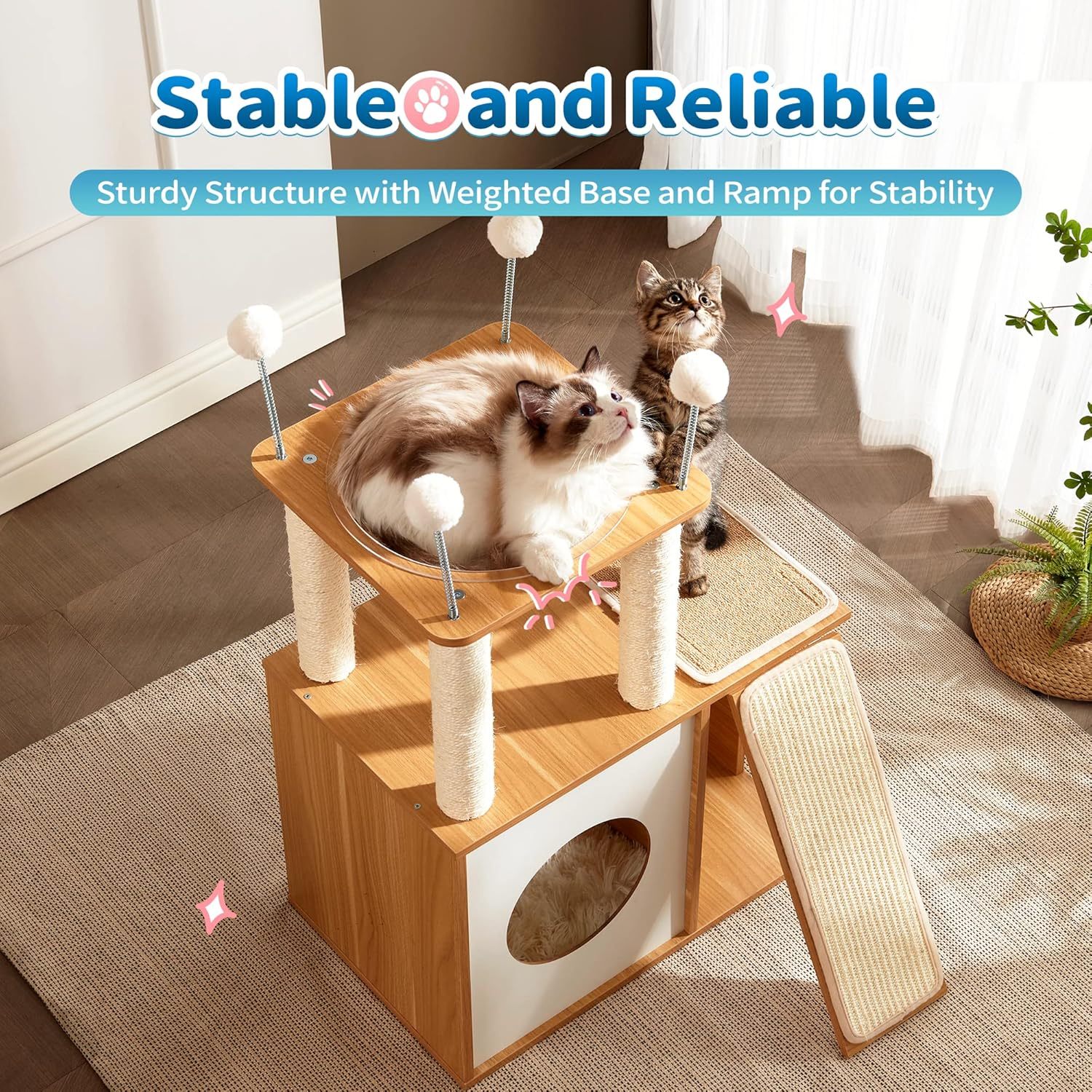 Cat Tree for Indoor Cats, Modern Cat Tower Tall for Large Cats Kitten, Wood Kitty Condo Climbing Furniture Heavy Duty, Vesper Cute Castle with Scratching Post and Ramp