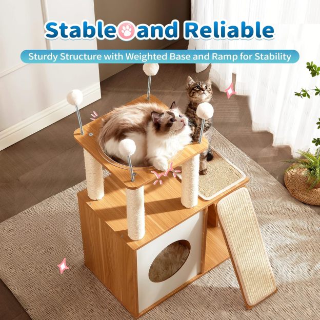 Cat Tree for Indoor Cats, Modern Cat Tower Tall for Large Cats Kitten, Wood Kitty Condo Climbing Furniture Heavy Duty, Vesper Cute Castle with Scratching Post and Ramp