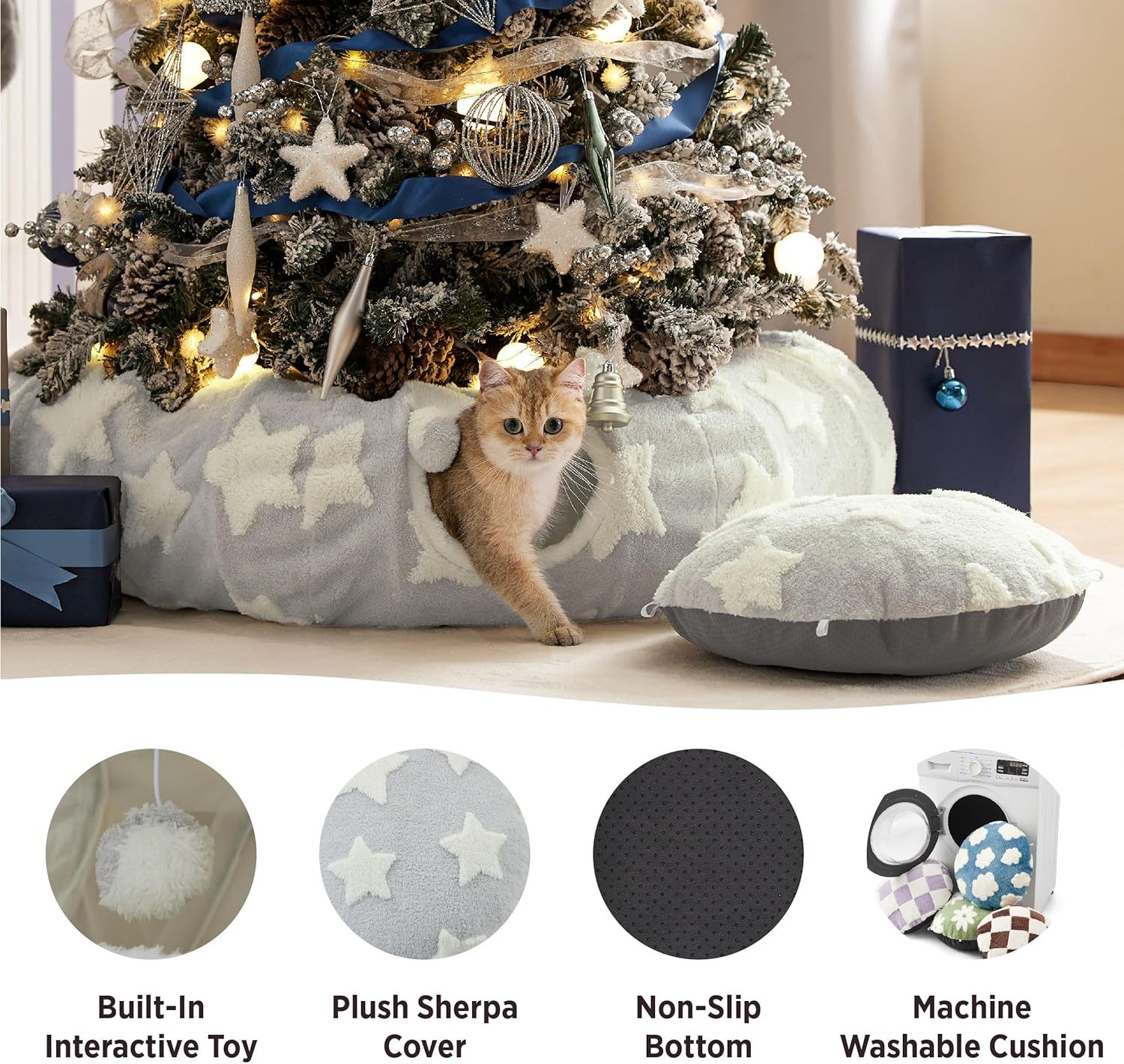 Cat Tunnel Bed for Indoor Cats - Cute Cat Donut Tunnel with Washable Circle Cushion, Round Pet Play Tunnel Toy for Kitten/Puppy/Rabbit, Grey