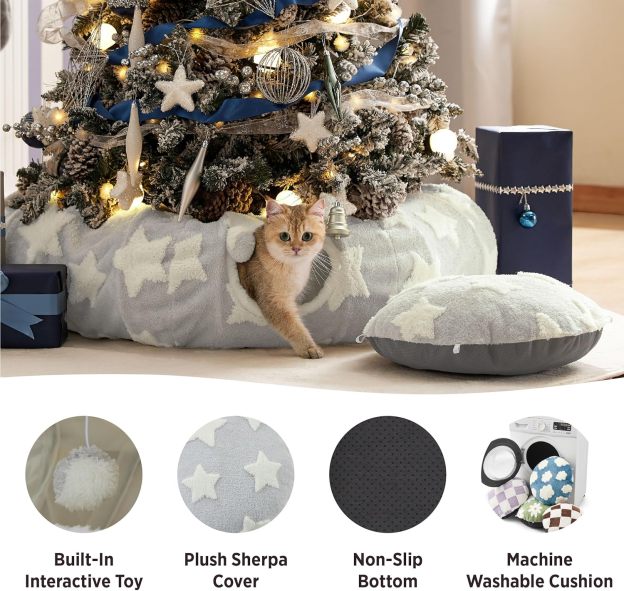 Cat Tunnel Bed for Indoor Cats - Cute Cat Donut Tunnel with Washable Circle Cushion, Round Pet Play Tunnel Toy for Kitten/Puppy/Rabbit, Grey